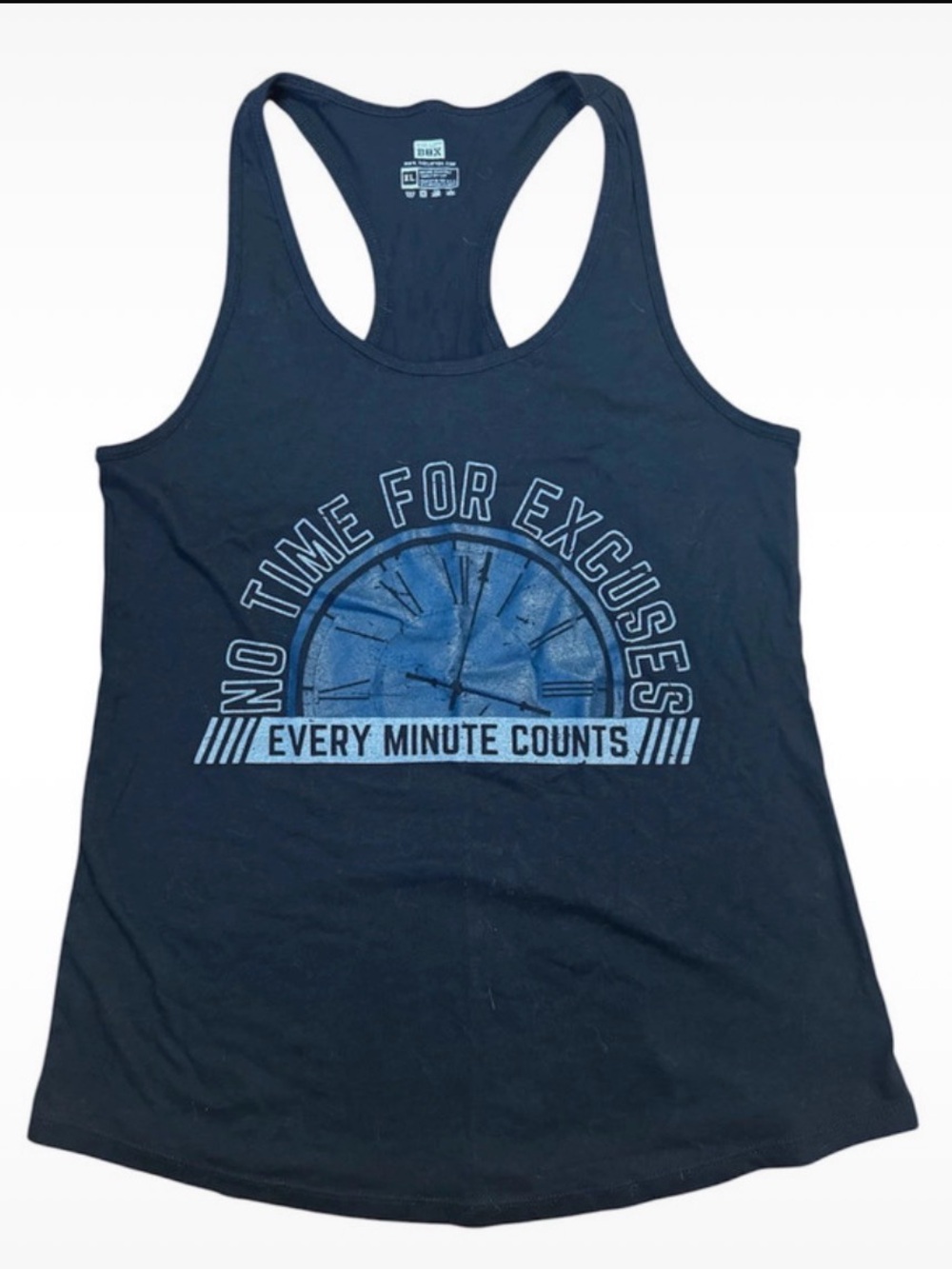 Navy Racerback Tank Top with 'Every Minute Counts' Graphic